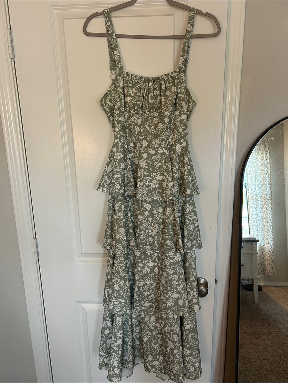 Floral Tiered Midi Dress in Sage Green with Tied Back